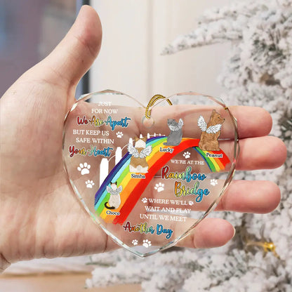Dog Cat Memorial We'll Wait And Play At The Rainbow Bridge - Heart Shaped Glass Ornament for Pet Lovers, Bereavement Gift, Home Decoration, 3.15 x 2.95 inches