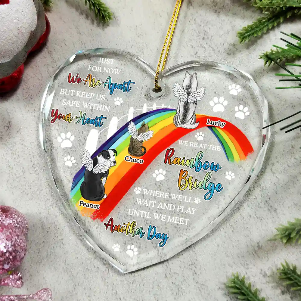dog cat memorial we'll wait and play at the rainbow bridge - heart shaped glass ornament for pet lovers, bereavement gift, home decoration, 3.15 x 2.95 inches