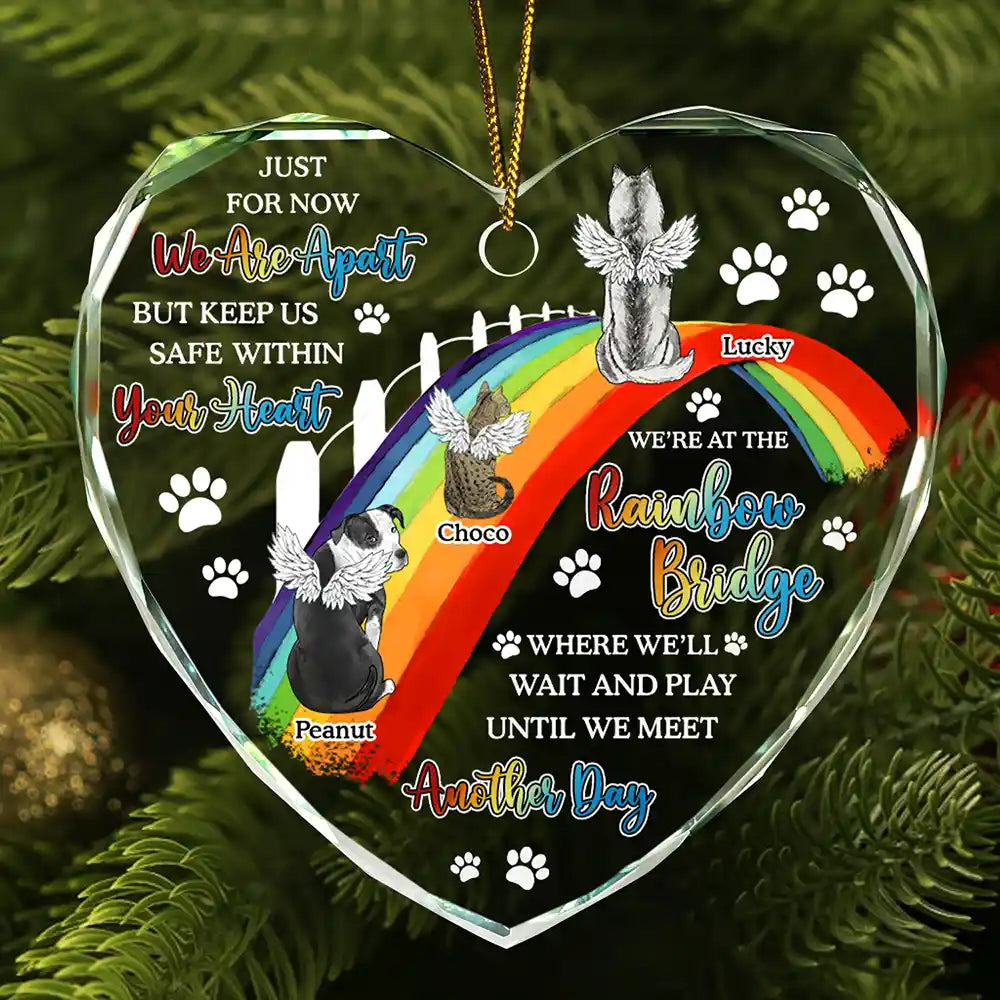 dog cat memorial we'll wait and play at the rainbow bridge - heart shaped glass ornament for pet lovers, bereavement gift, home decoration, 3.15 x 2.95 inches