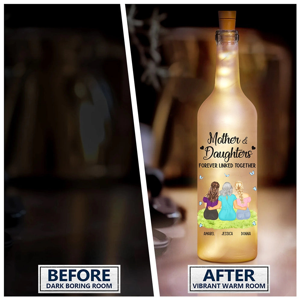 mother & daughter forever linked together - bottle light keepsake for home decor, sentimental gift for mothers and daughters, led fairy light in frosted glass