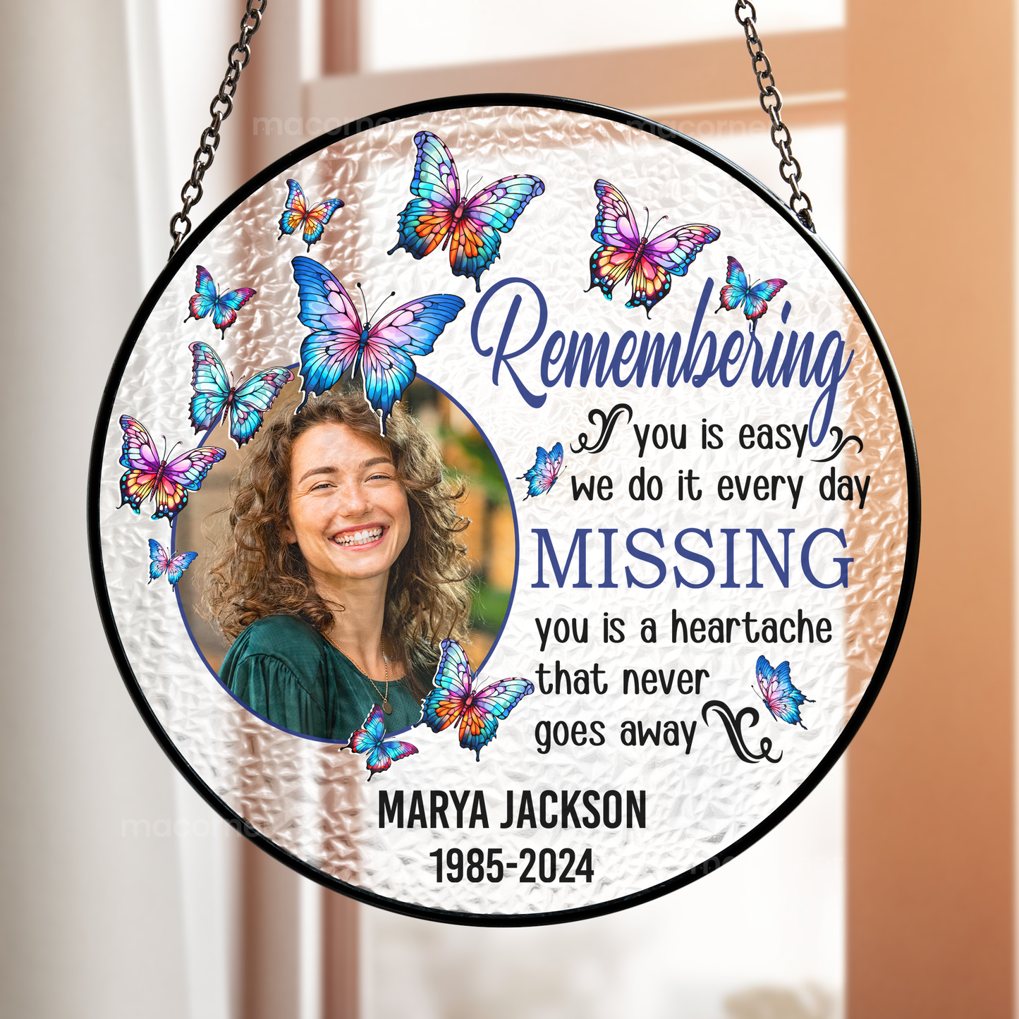 remembering you - personalized photo stained glass suncatcher for memorial tribute, sympathy gift, 6 inch, 7.8 inch, elegant window hanging decor