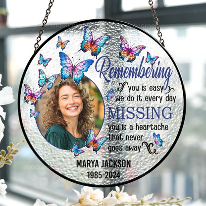 Remembering You - Personalized Photo Stained Glass Suncatcher for Memorial Tribute, Sympathy Gift, 6 Inch, 7.8 Inch, Elegant Window Hanging Decor