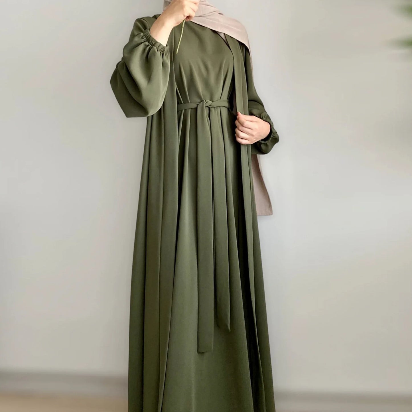 2/3 piece set solid color muslim dress loose long sleeves abaya clothing for women, modest fashion, lightweight ramadan outfit, elegant prayer dress with pockets and belt