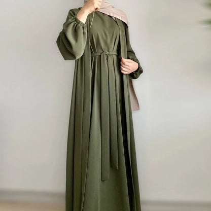 2/3 Piece Set Solid Color Muslim Dress Loose Long Sleeves Abaya Clothing for Women, Modest Fashion, Lightweight Ramadan Outfit, Elegant Prayer Dress with Pockets and Belt