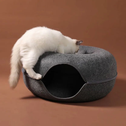 10.46 B0CX4PJ3GN light grey Donut Cat Bed Interactive Tunnel Pet Felt Indoor Toys Cats House Kitten Training Toy Cat Kennel Pets Supplies