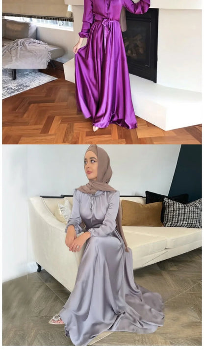 Muslim Women Abaya Luxury Dubai Dresses Long Satin Robe Arabic Evening Dress for Women, Stylish Turkey Fashion Gown, Perfect for All Seasons