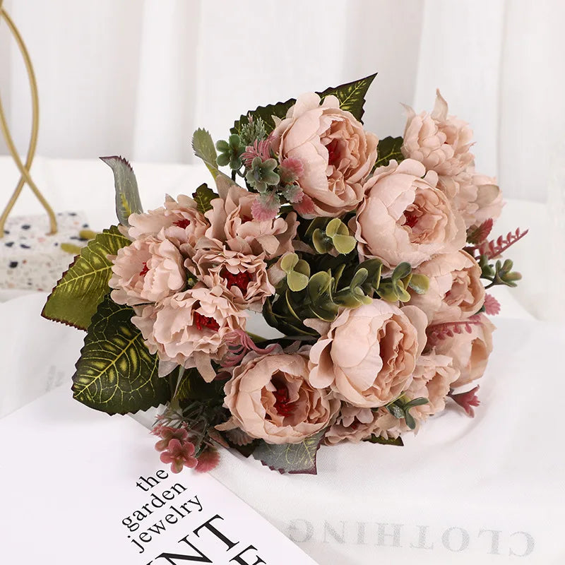 silk peony artificial flowers bouquet, 30cm decorative faux floral arrangement, indoor peonies for home, wedding, bridal shower, party, hotel table and vase décor