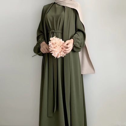2/3 Piece Set Solid Color Muslim Dress Loose Long Sleeves Abaya Clothing for Women, Modest Fashion, Lightweight Ramadan Outfit, Elegant Prayer Dress with Pockets and Belt