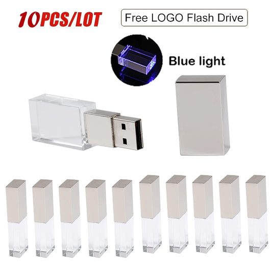 10 PCS LOT Golden Crystal USB Flash Drive 128GB 64GB Memory Stick Wedding Gifts Free Logo Custom 3D Laser Engraving U Disk Portable Storage Pen Drive