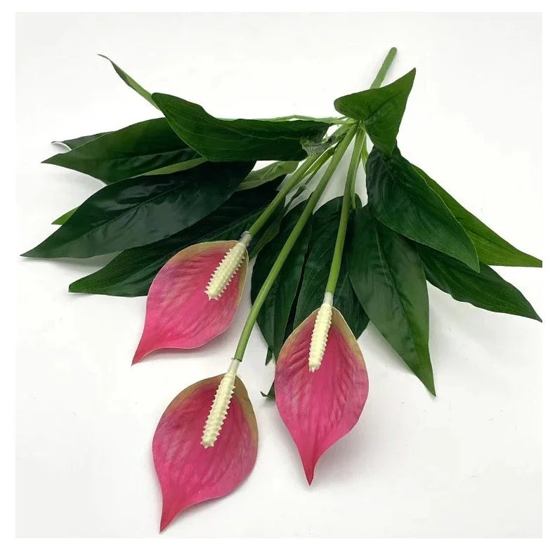 artificial green anthurium faux potted plant decoration, desktop ornament for home, wedding, anniversary, exhibition, outdoor use, plastic material, branch style