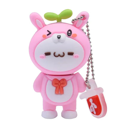 USB Flash Drive 128GB Cute Rabbit Shape, Cartoon Memory Stick 64GB, Silicone Waterproof USB 2.0, Children's Gift with Key Chain, Available in Multiple Colours