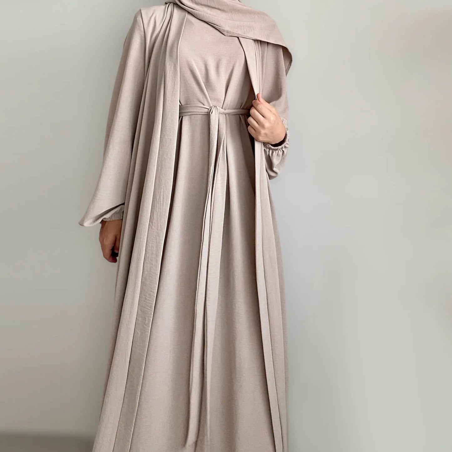 2/3 piece set solid color muslim dress loose long sleeves abaya clothing for women, modest fashion, lightweight ramadan outfit, elegant prayer dress with pockets and belt