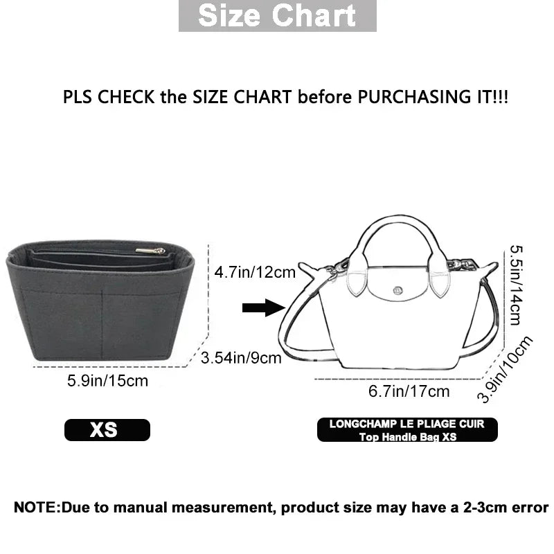 felt cloth insert bag for longchamp le pliage cuir top handle bag xs organizer makeup pouch travel inner handbag storage divider