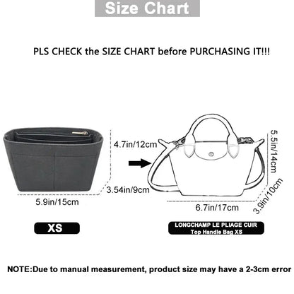 Felt Cloth Insert Bag For Longchamp LE PLIAGE CUIR Top Handle Bag XS Organizer Makeup Pouch Travel Inner Handbag Storage Divider