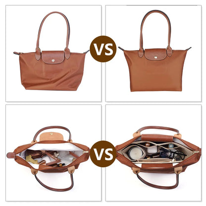 Felt Insert Bag Fits for Longchamp Handbag Liner Bag Felt Cloth Makeup Bag Support Travel Portable Insert Purse Organizer with Zipper Multi-Pocket Storage Pouch S M L