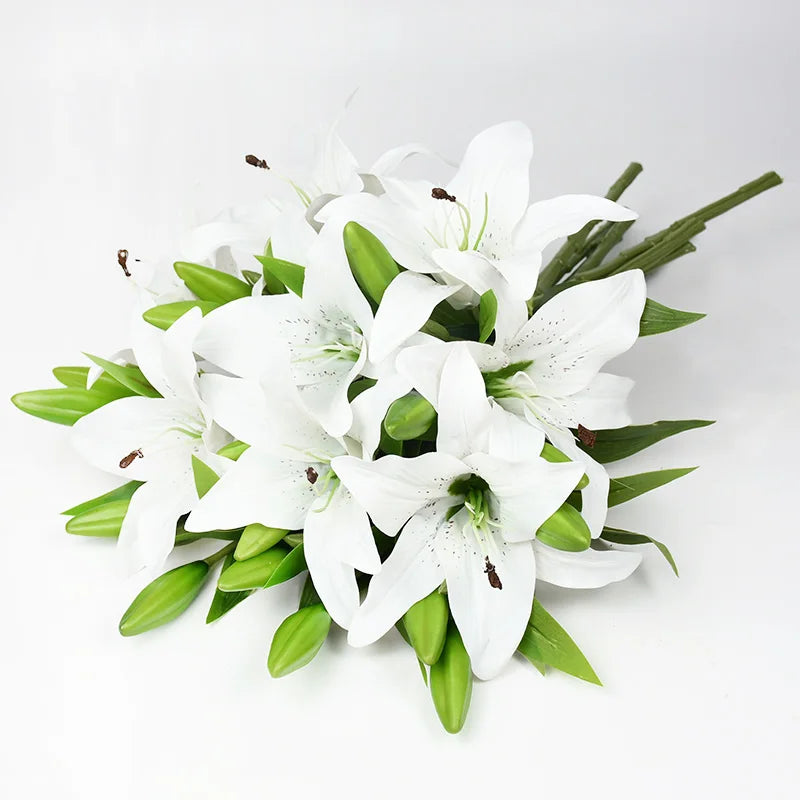 artificial white lily bouquet 38cm | real touch pvc flowers for home, wedding, party decor | elegant five-piece indoor arrangement | long-lasting realistic design