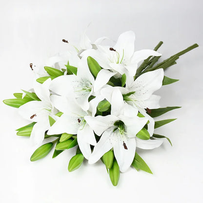 5Pcs 38cm Real Touch White Lily Artificial Flowers, Decorative Bouquet for Weddings, Birthdays, Home, Garden, Party, PVC Material, Indoor Use
