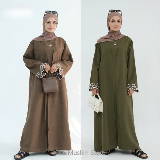 Eid Ramadan Gray Embroidery Abaya Dubai Luxury Muslim Cardigan Robe Clothing for Women, Elegant Islamic Fashion, Perfect for Celebrations and Casual Wear