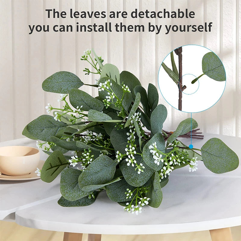 artificial flower bouquet set, oval eucalyptus leaves, perfect for weddings, home decor and party decorations, indoor plastic greenery accent, 10/15pcs