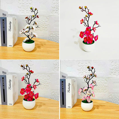 Artificial Plum Blossom Bonsai Plant with Pot | Indoor Decorative Silk Flower Arrangement for Home, Office, Celebrations, Parties, Weddings | Plastic Material