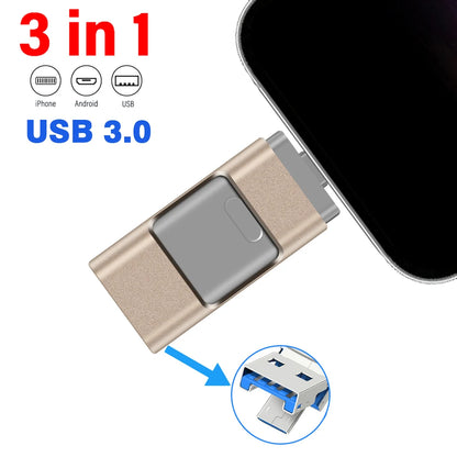 Rotatable USB 3.0 Flash Drive 3-in-1 Pen Drive Memory Stick 256GB 128GB for iPhone, iPad, Android, PC - Gold, Black, Silver, Rose Gold