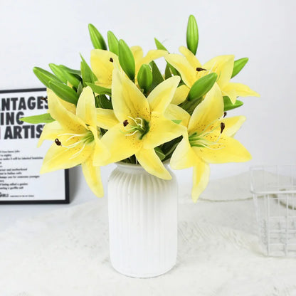 5Pcs 38cm Real Touch White Lily Artificial Flowers, Decorative Bouquet for Weddings, Birthdays, Home, Garden, Party, PVC Material, Indoor Use