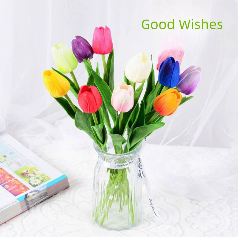 vibrant real touch artificial tulip bouquet, silk flower branches for home decor, wedding, anniversary, birthday, housewarming, indoor display