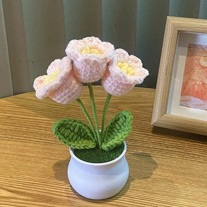 Mini Artificial Rose Decoration, Handwoven Wool Plant for Home, Office Desk Ornament, Perfect for Anniversaries, Birthdays, Weddings, Indoor Bonsai Style, PP Material