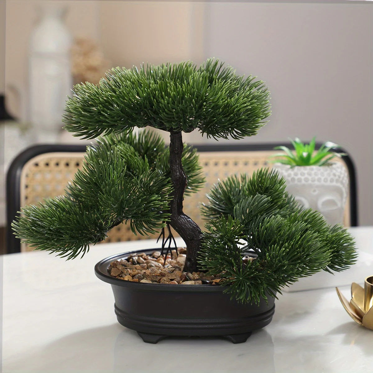artificial bonsai tree decor with black planter - zen garden accent for home, office, party - durable plastic material for indoor and outdoor display