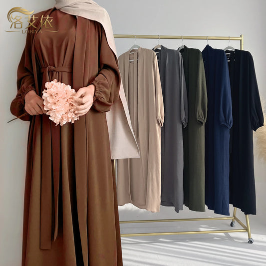 2/3 Piece Set Solid Color Muslim Dress Loose Long Sleeves Abaya Clothing for Women, Modest Fashion, Lightweight Ramadan Outfit, Elegant Prayer Dress with Pockets and Belt