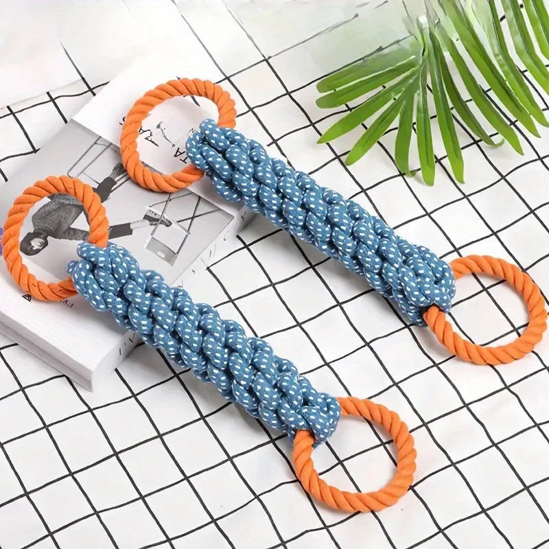 braided rope dog chew toy, blue & orange, dual-handle for tug-of-war, teeth cleaning, durable polyester blend, interactive play, suitable for all dog breeds and sizes