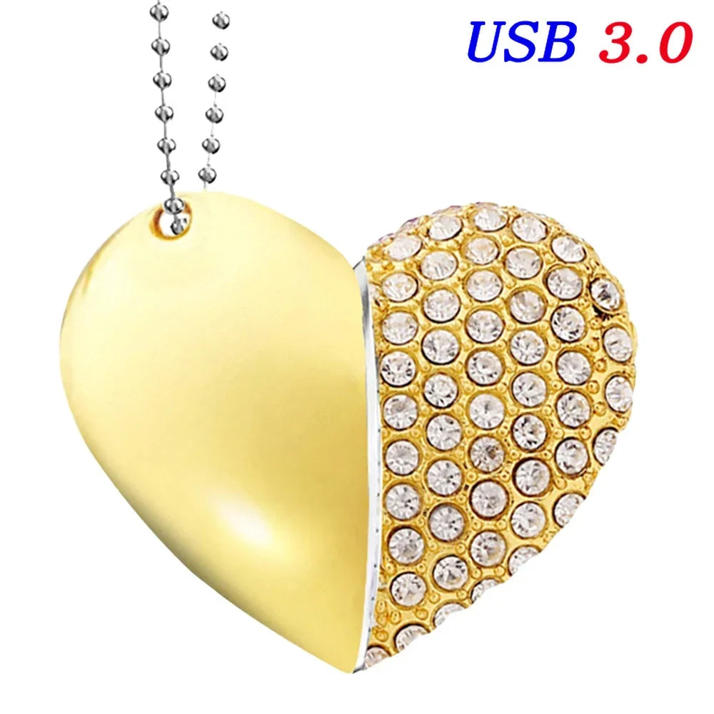 usb 3.0 heart necklace flash drive 64gb - stylish crystal & metal memory stick in gold, silver, blue, pink, green - perfect for wedding, creative or business gifts