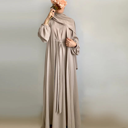2/3 Piece Set Solid Color Muslim Dress Loose Long Sleeves Abaya Clothing for Women, Modest Fashion, Lightweight Ramadan Outfit, Elegant Prayer Dress with Pockets and Belt