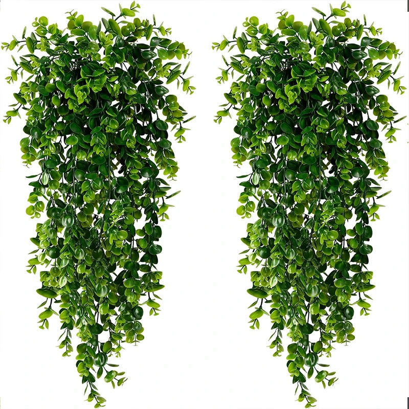 artificial hanging eucalyptus vines, uv resistant faux greenery for outdoor wedding decor, plastic leaf garland for bridal showers and exhibitions