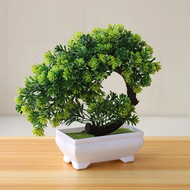 green artificial bonsai plants - small tree grass and flowers in pot, indoor outdoor decoration for home, office, wedding, anniversary, exhibition, halloween decor