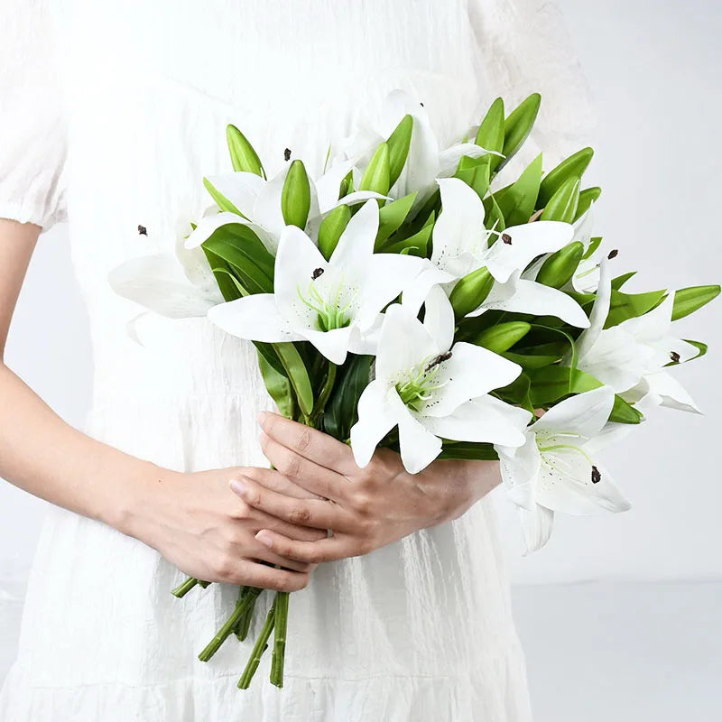 5pcs 38cm real touch white lily artificial flowers, decorative bouquet for weddings, birthdays, home, garden, party, pvc material, indoor use