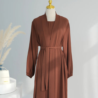 2/3 Piece Set Solid Color Muslim Dress Loose Long Sleeves Abaya Clothing for Women, Modest Fashion, Lightweight Ramadan Outfit, Elegant Prayer Dress with Pockets and Belt