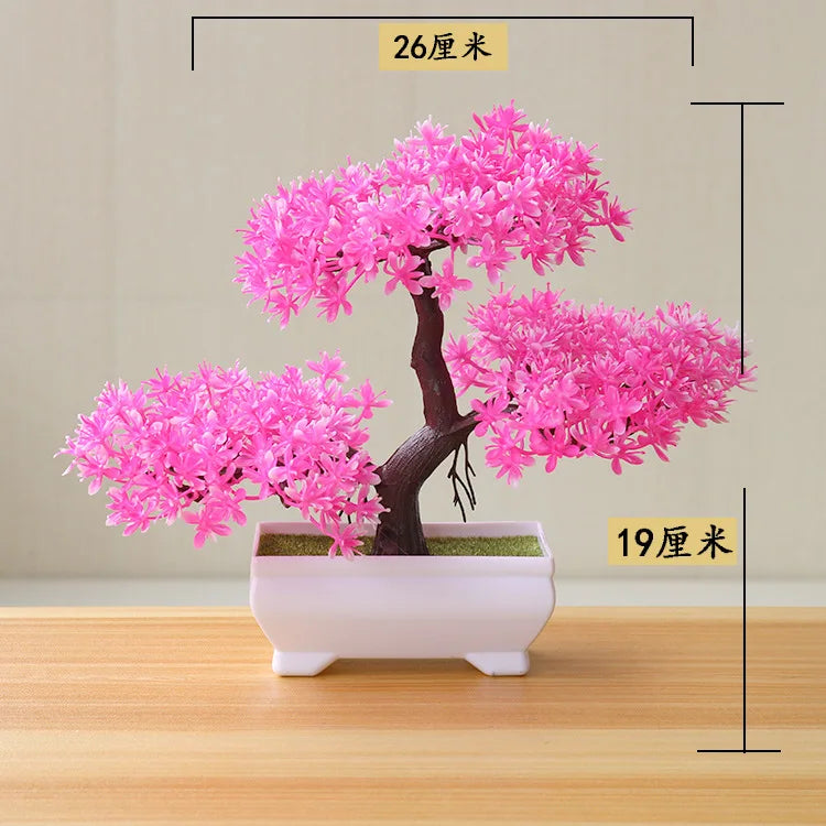 artificial bonsai tree decorative plant, plastic fake flowers with pot, desktop ornament for home, office, hotel, garden, anniversary, and exhibition use