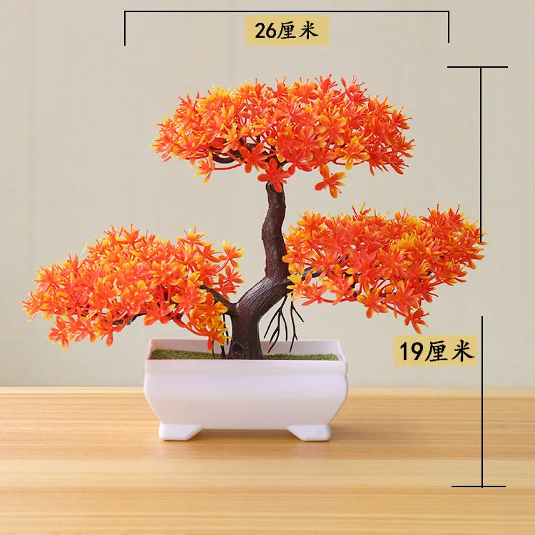 artificial bonsai tree decorative plant, plastic fake flowers with pot, desktop ornament for home, office, hotel, garden, anniversary, and exhibition use