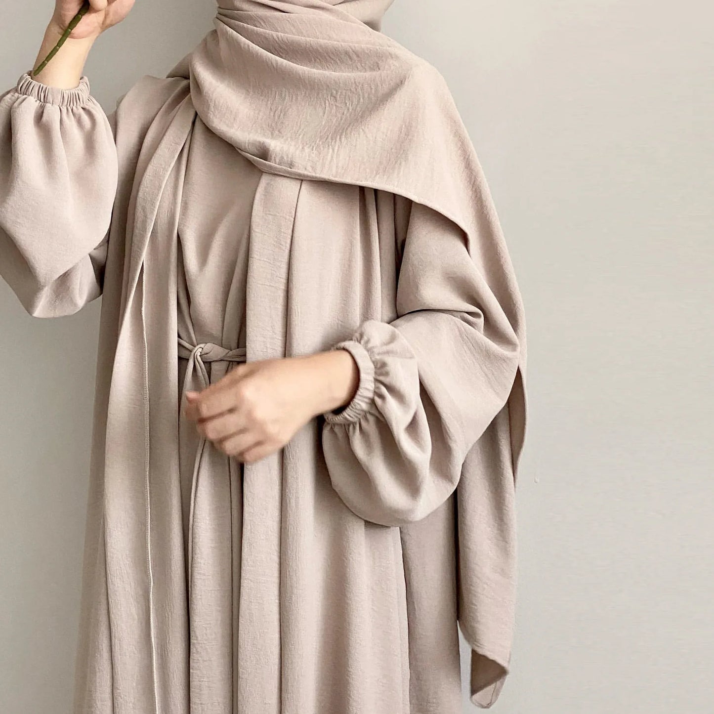 2/3 piece set solid color muslim dress loose long sleeves abaya clothing for women, modest fashion, lightweight ramadan outfit, elegant prayer dress with pockets and belt