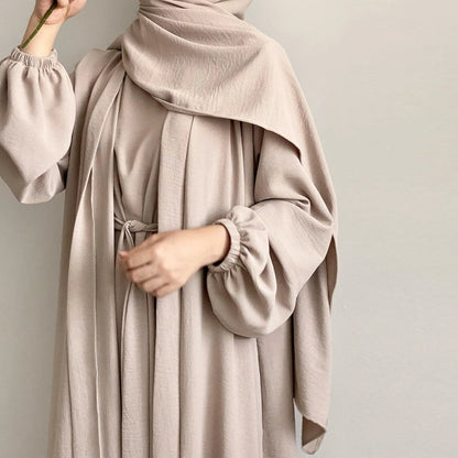 2/3 Piece Set Solid Color Muslim Dress Loose Long Sleeves Abaya Clothing for Women, Modest Fashion, Lightweight Ramadan Outfit, Elegant Prayer Dress with Pockets and Belt