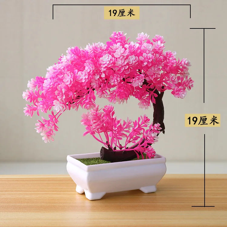 artificial bonsai tree decorative plant, plastic fake flowers with pot, desktop ornament for home, office, hotel, garden, anniversary, and exhibition use