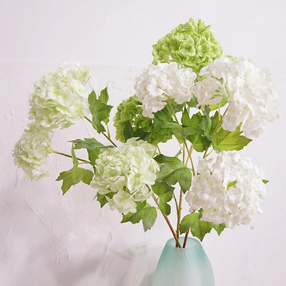 Artificial Flowers Real Touch Hydrangea Branch, 3 Heads with Green Leaves, Silk Decoration for Wedding, Home, Room, Anniversaries, Indoor Event Decor, Elegant Floral Arrangement
