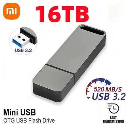 16TB USB3.2 Flash Drive, OTG Portable Storage Device, Metal Body, High Speed Transfer, Waterproof Memory Stick, Compatible with Type-C and Computers