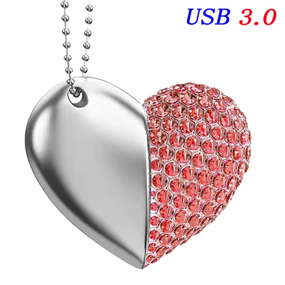 USB 3.0 Heart Necklace Flash Drive 64GB - Stylish Crystal & Metal Memory Stick in Gold, Silver, Blue, Pink, Green - Perfect for Wedding, Creative or Business Gifts