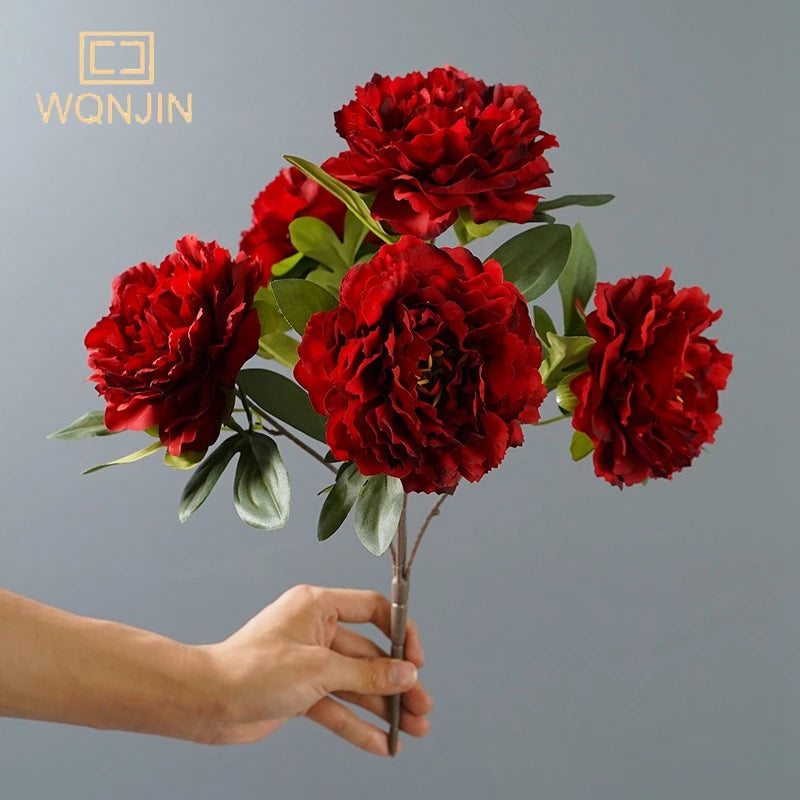 artificial peony bouquet with 5 heads – large red silk flowers for weddings, home decor, parties – elegant indoor flower arrangement for tables & events