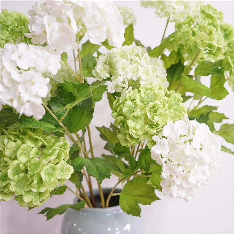 artificial flowers real touch hydrangea branch, 3 heads with green leaves, silk decoration for wedding, home, room, anniversaries, indoor event decor, elegant floral arrangement