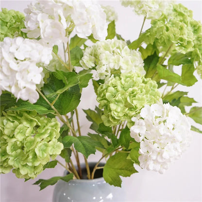 Artificial Flowers Real Touch Hydrangea Branch, 3 Heads with Green Leaves, Silk Decoration for Wedding, Home, Room, Anniversaries, Indoor Event Decor, Elegant Floral Arrangement