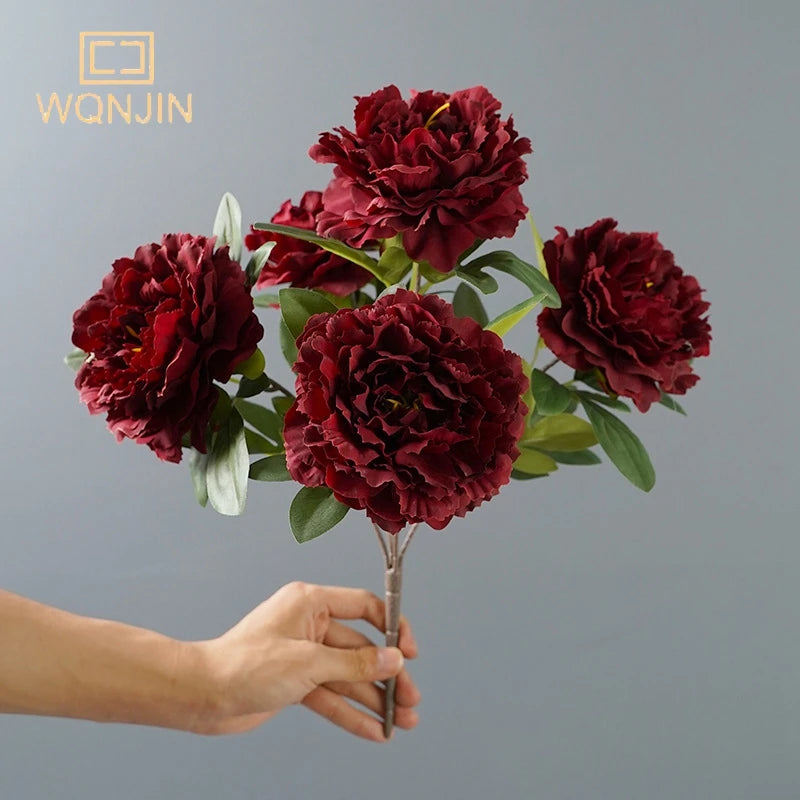 artificial peony bouquet with 5 heads – large red silk flowers for weddings, home decor, parties – elegant indoor flower arrangement for tables & events