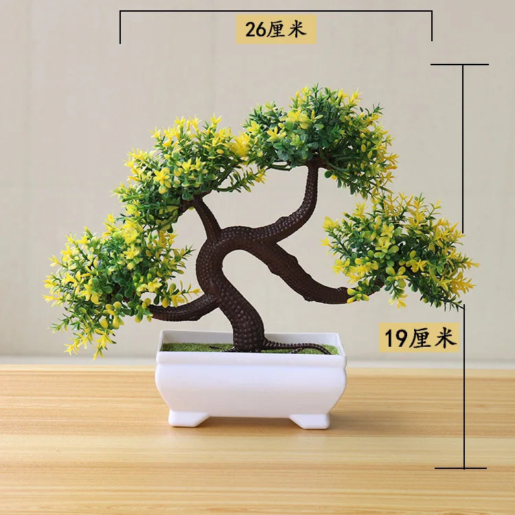 artificial bonsai tree decorative plant, plastic fake flowers with pot, desktop ornament for home, office, hotel, garden, anniversary, and exhibition use